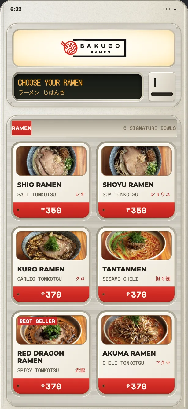 The Bakugo app showing the menu: six signature bowls with photographs and prices