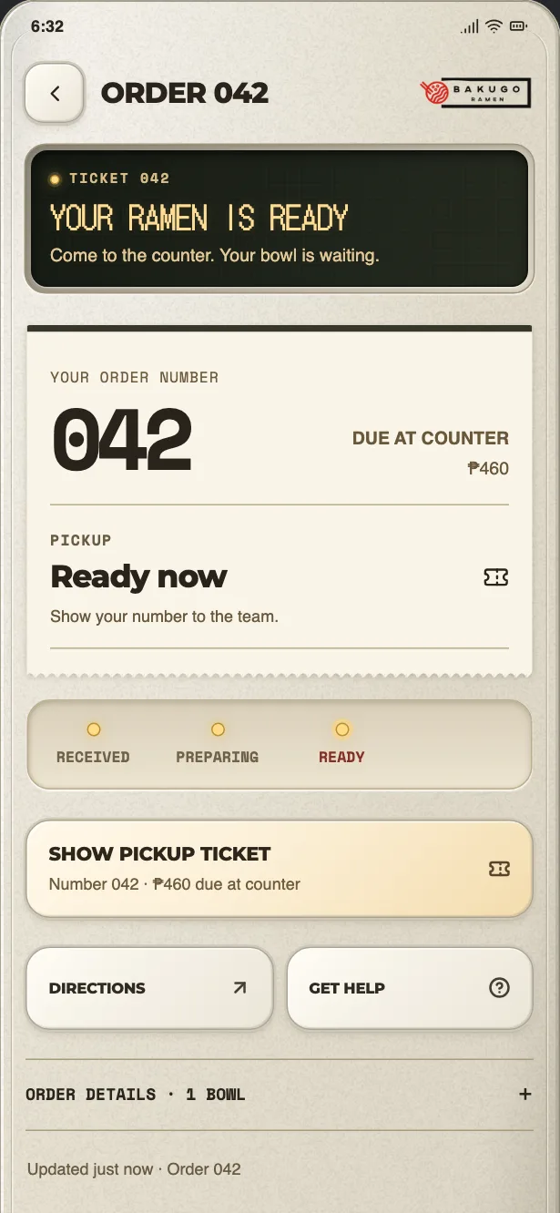 The Bakugo app showing an order ticket that reads “Your ramen is ready”